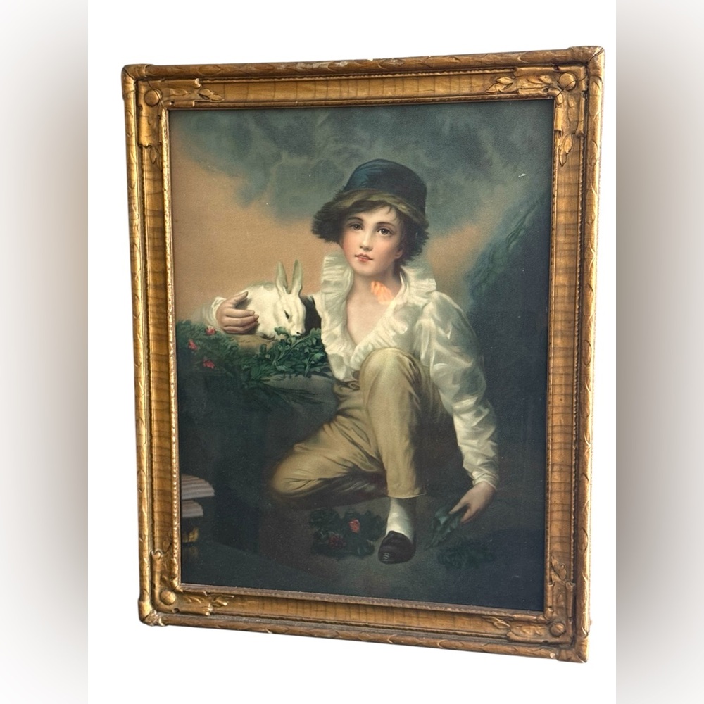 Antique Boy With Rabbit Wood Framed gold gilt Print picture wall hanging
